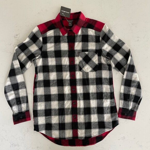 Eddie Bauer WR Stine's Mixed BF Flannel LS Button Down Shirt Blk Wht Red XS NWT - Picture 14 of 14